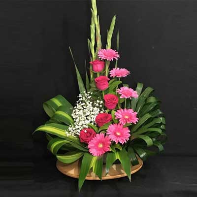 "Flower Basket with Gerberas, Roses and Fillers - Click here to View more details about this Product